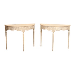Gustavian Style Pair of Carved and Distress Painted Demilune Console Tables For Sale