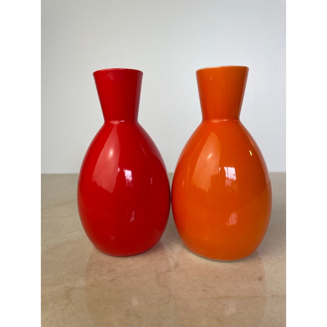 Pair of vintage ceramic sake bottles/bud vases by OMC (Otagiri Mercantile Company) of Japan, each in a high-gloss glaze —...