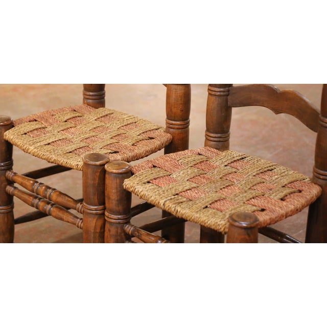 Pair of Early 20th Century French Provincial Low Oak Chairs With Rush Seats For Sale - Image 4 of 9