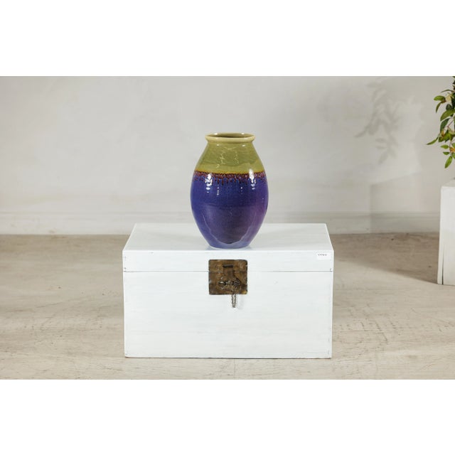 Late 20th Century Artisan Purple and Olive Green Glazed Ceramic Ovoid Vase with Drip Detail For Sale - Image 5 of 12