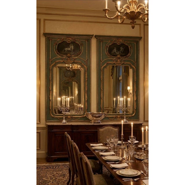 Metal 1950s Pair of Neoclassical Trumeau Mirrors With Mythological Grisaille Panels For Sale - Image 7 of 7