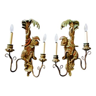 1920s Polychrome Hand Carved Wood and Iron Monkey Wall Sconces - a Pair For Sale