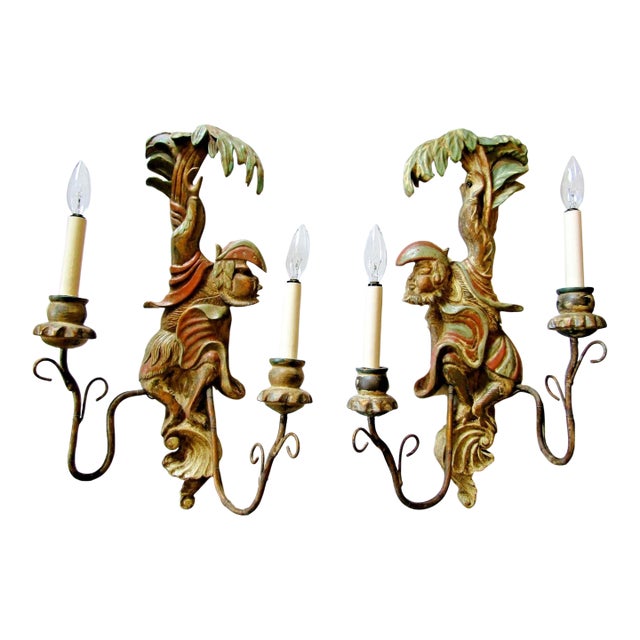 1920s Polychrome Hand Carved Wood and Iron Monkey Wall Sconces - a Pair For Sale