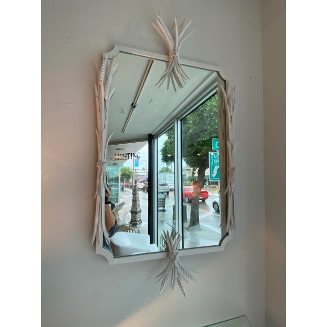 Vintage White Metal Tole Leaf Leaves Wall Mirror & Demi Lune Wall Console Table For Sale - Image 9 of 13