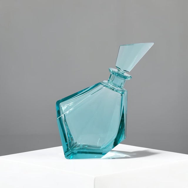 Blue Bohemian Geometric Aqua Crystal Decanter, Former Czechoslovakia, 1960s For Sale - Image 8 of 8