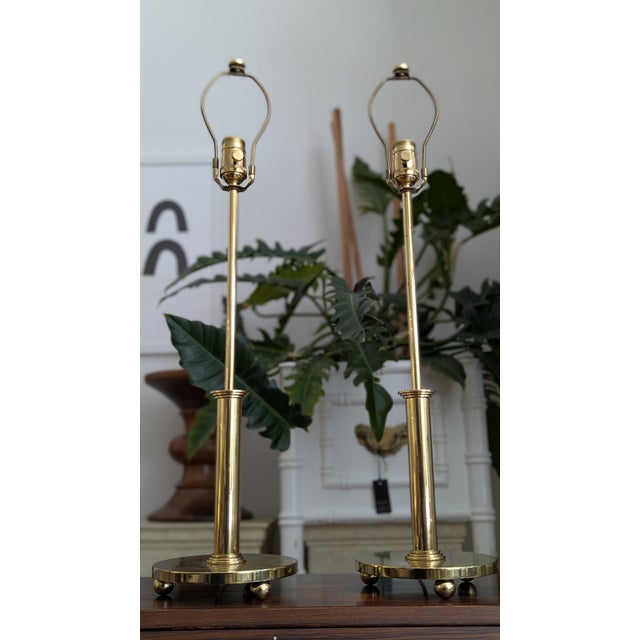 Polished Brass Mid-Century Modern Table Lamps (Pair) With Stepped Base For Sale - Image 10 of 11