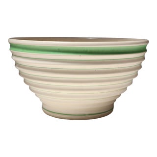Vintage Stoneware Beehive Cream and Green Striped Yellow Ware Mixing / Salad Bowl For Sale