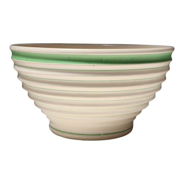 Vintage Stoneware Beehive Cream and Green Striped Yellow Ware Mixing / Salad Bowl For Sale