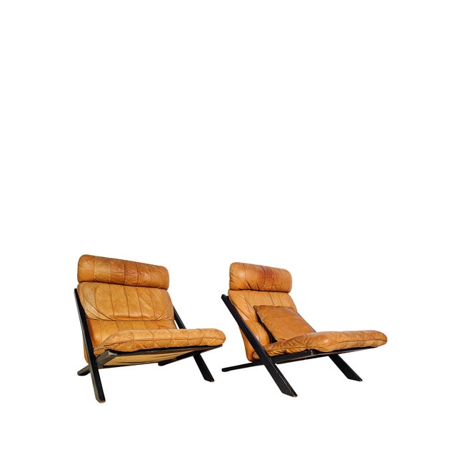 1970s Ueli Berger for De Sede Model Ds-80 Cognac Leather Lounge Chairs Pair, 1960s, Set of 2 For Sale - Image 5 of 8