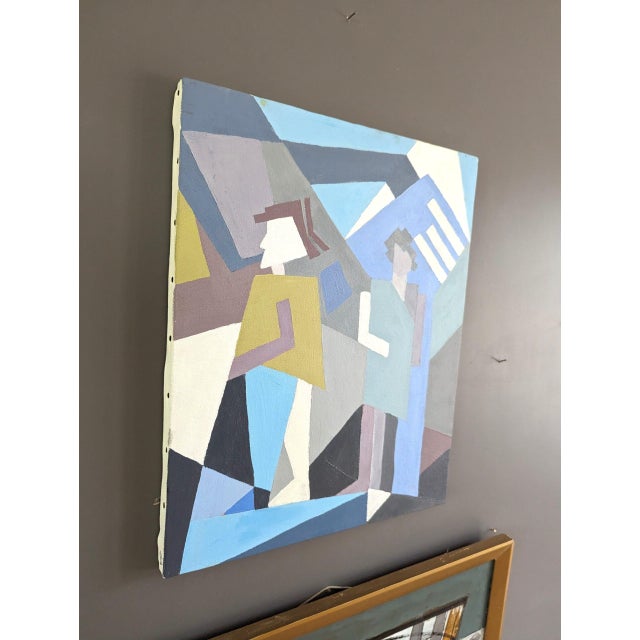Mid-Century Modern Mid-Century Modern Swedish "Geometric Duo" Vintage Geometric Abstract Figurative Oil Painting, Unframed For Sale - Image 3 of 6
