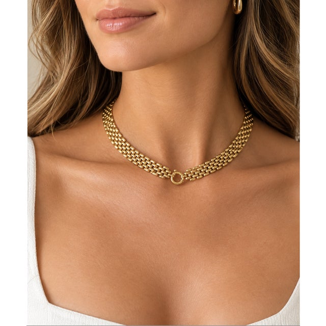 Cartier 14k Gold Panther Brick Link Choker Style Chain Necklace in the Manner of Cartier, Oversized Spring Ring for Pendants, Signed, Italy For Sale - Image 4 of 4