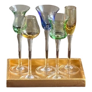 Vintage Hand-Blown Cordial / Liqueur Glasses & Giltwood Tray For Sale
