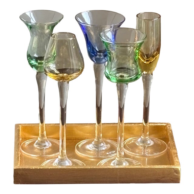 Vintage Hand-Blown Cordial / Liqueur Glasses & Giltwood Tray For Sale