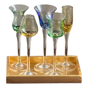 Vintage Hand-Blown Cordial / Liqueur Glasses & Giltwood Tray