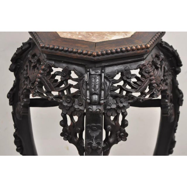 Antique Chinese Carved Hardwood Marble Top Plant Stand Side Table For Sale - Image 10 of 12