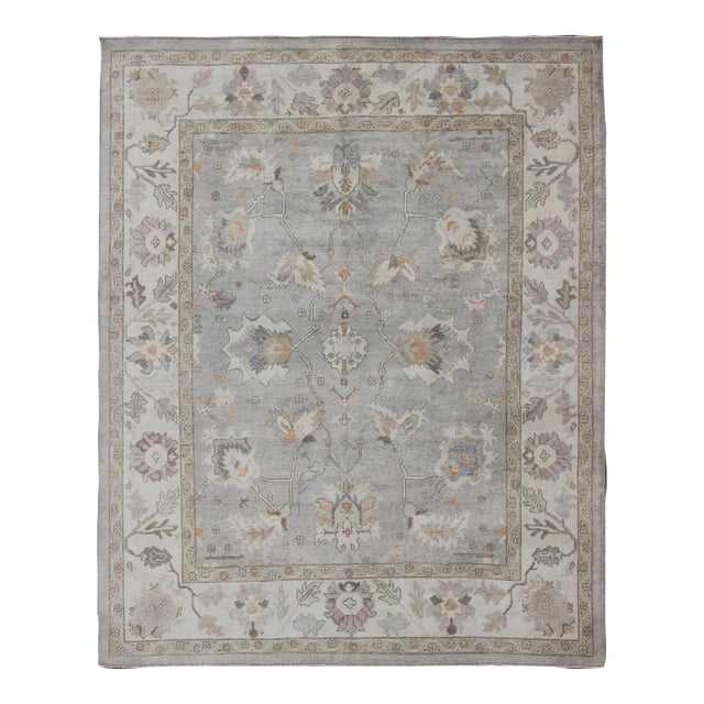 Square Shaped Hand Knotted Turkish Oushak Rug With Neutral Color Palette For Sale