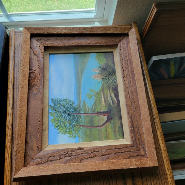 Vintage Original Acrylic Framed Still Life Painting Landscape Serene Yucca Trees River For Sale - Image 15 of 18