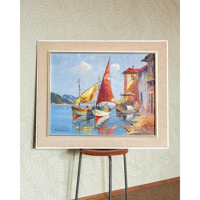 Wegener, Boats on the Lake, 1970s, Oil Painting on Canvas For Sale - Image 4 of 7
