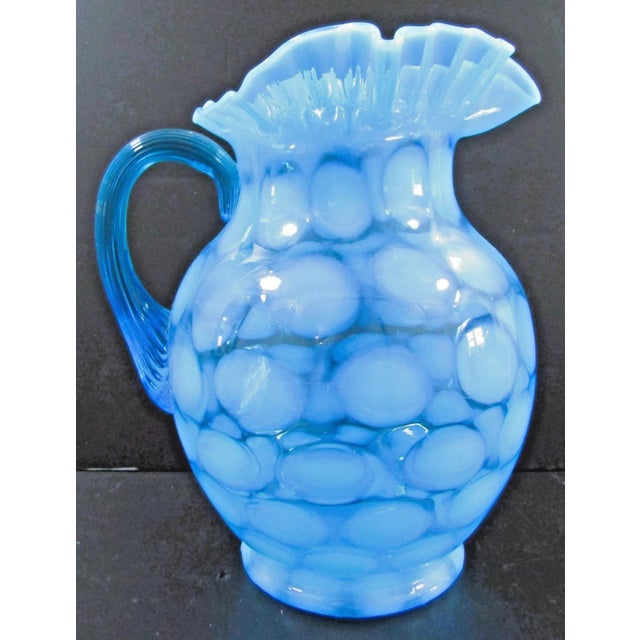 Mid-Century Modern Vintage Fenton Blue Opalescent Coin Spot Glass Pitcher and 4 Tumblers Set For Sale - Image 3 of 17