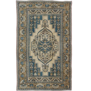 Vintage Turkish Rug With Geometric Design in Blue, Gold and Cream Colors For Sale