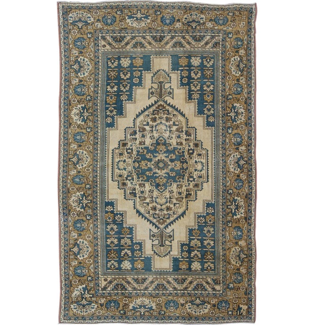 Vintage Turkish Rug With Geometric Design in Blue, Gold and Cream Colors For Sale