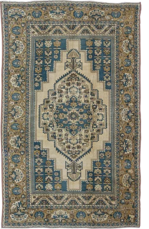 Vintage Turkish Rug With Geometric Design in Blue, Gold and Cream Colors