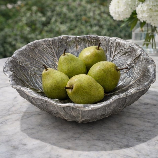 Rustic Pewter Cabbage Leaf Serving Bowl - Majolica Style Bruce Fox Wilton For Sale - Image 3 of 8