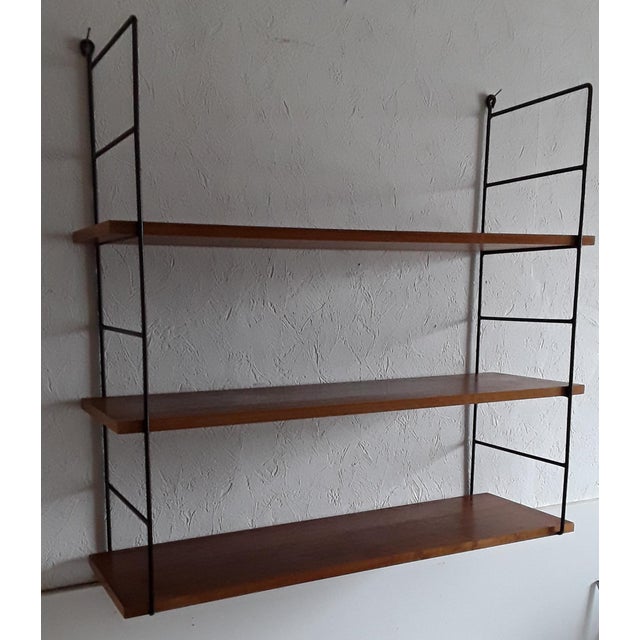Vintage 3-Tier String Shelf with Black Wire Frame & Shelves in Teak Veneer Chipboard, 1970s For Sale - Image 3 of 6