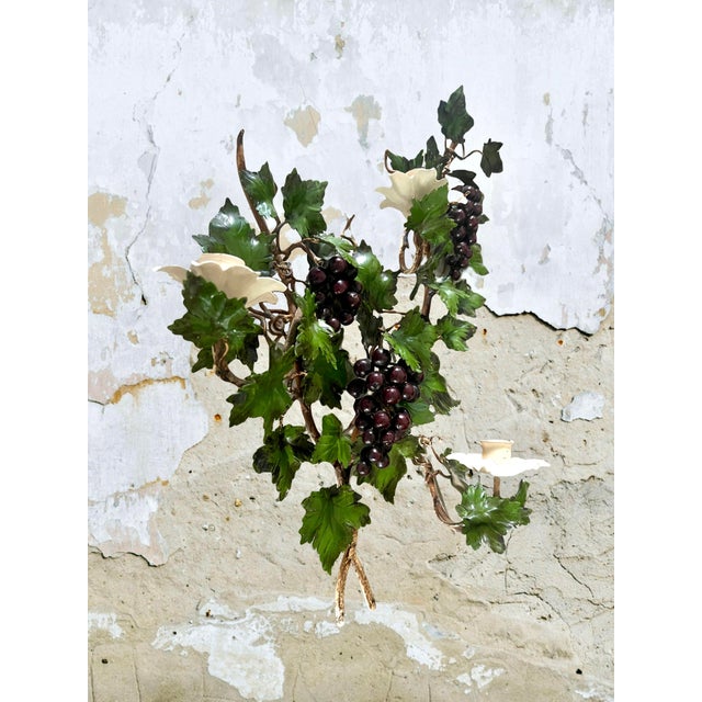 1950s Old Italian Grape & Vine Hand Painted Tole Metal Wall Scones, 3 Candle Holders, a Pair 22" For Sale - Image 5 of 12