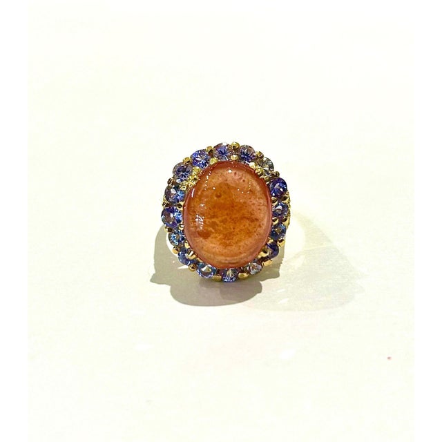 Gemstone Bochic “Capri” Vintage Orange Opal & Tanzanite Cocktail Ring — 18K Gold & Silver For Sale - Image 7 of 11