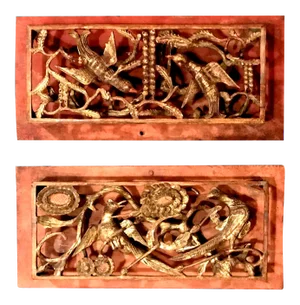 18th Century Antique Chinese Qing Dynasty Openwork Giltwood Carvings - a Pair