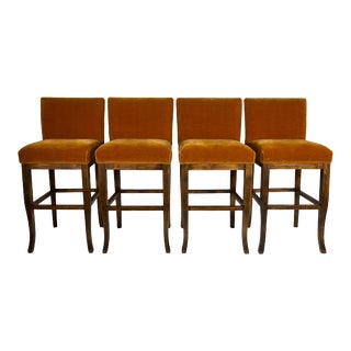 1990s Vintage Burnt Orange Mohair Custom Upholstered Bar Stools - Set of 4 For Sale