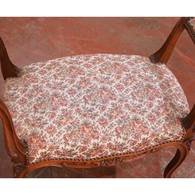 Mid-Century French Louis XV Style Carved Walnut and Upholstered Piano Bench For Sale - Image 4 of 12