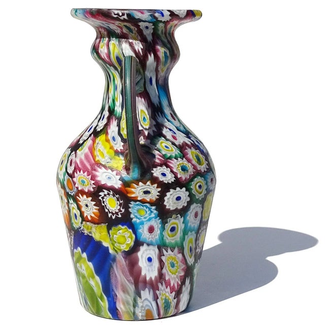 Art Deco Vintage Murano Fratelli Toso Millefiori Flower Mosaic Rainbow Colors Italian Art Glass Double Handle Vase For Sale - Image 3 of 10