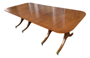 Vintage Georgian Regency Style Banded Mahogany Pedestal Extension Dining Table With Leaves
