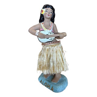 Mid 20th Century "Aloha" Hula GirlCeramic Figurine W/ Ukulele and Red Flowers For Sale