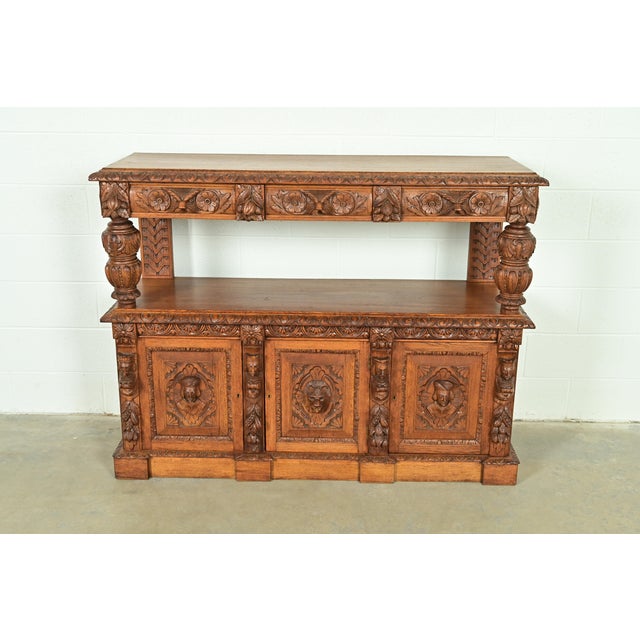 Victorian R. J. Horner Style Renaissance Revival Carved Oak Sideboard or Bar Cabinet, Circa 1890s For Sale - Image 3 of 17