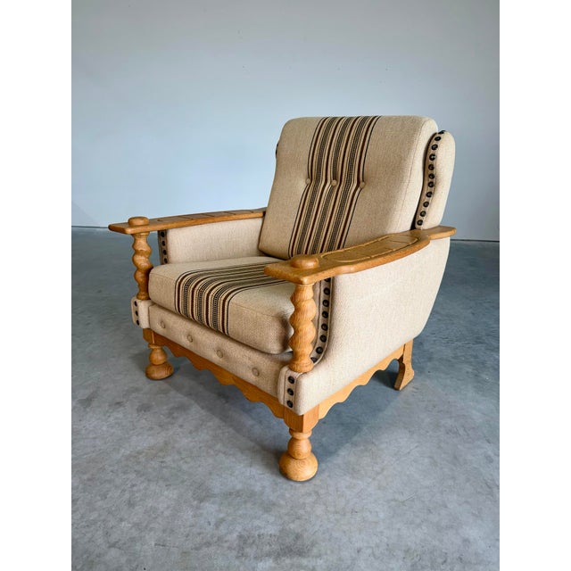 Vintage Danish Brutalist Henning Kjaernulf Style Lounge Chair. Light cream wool upholstery with traditional Scandinavian...