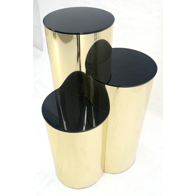 Triptych Round Cylinder Brass Finish Multi Level Pedestal Stand Table For Sale - Image 14 of 15