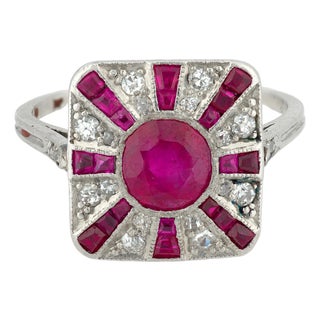 1930s Art Deco Ruby Diamond Platinum Ring, Size 5.75 For Sale