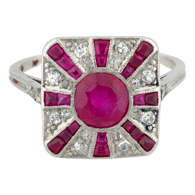 1930s Art Deco Ruby Diamond Platinum Ring, Size 5.75 For Sale