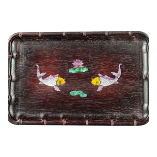 1990s Rosewood & Mother-of-Pearl Inlay Tea Tray – Koi Fish & Lotus Motif For Sale