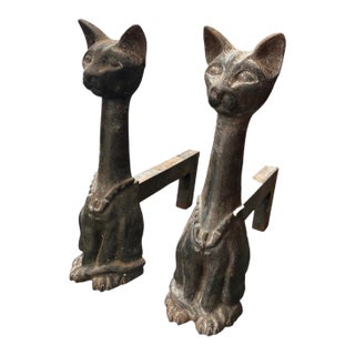 A Pair of Vintage Mid-Century Stylized Cast Iron Cat Andirons For Sale