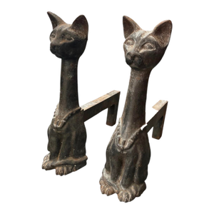 A Pair of Vintage Mid-Century Stylized Cast Iron Cat Andirons