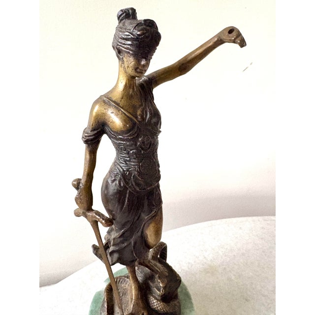 Art Deco Art Deco Bronze Statue of Lady Justice Signed by Artist Alois Mayer and Mounted on a Green Marble Base. For Sale - Image 3 of 6