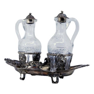 Nave-Shaped Silver and Cut Glass Cruet with Mascarons and Hollow Feet, Set of 3 For Sale