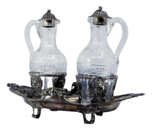Nave-Shaped Silver and Cut Glass Cruet with Mascarons and Hollow Feet, Set of 3
