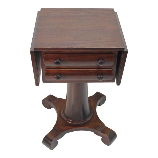 Antique 1920s American Empire Mahogany Drop Leaf Side Table With Two Drawers For Sale