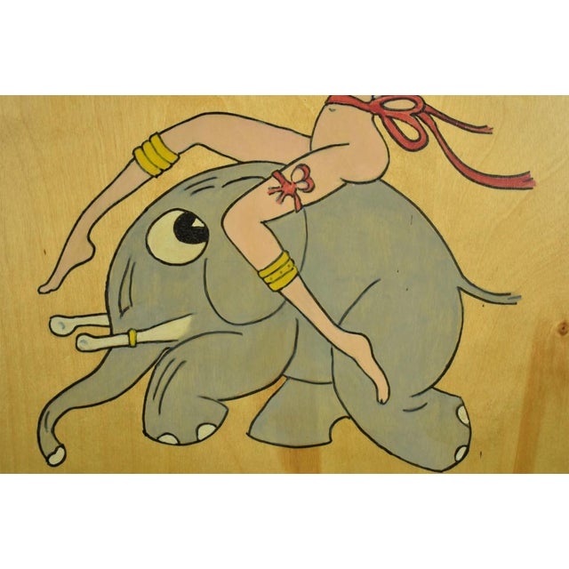 Traditional Mid 20th Century Hand-Painted Naked Lady Astride Cocktail Elephant on Oak Plaque For Sale - Image 3 of 6