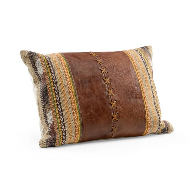 Hand loomed tapestry fabric with tan leather center and lacing, natural linen backing with side zipper, down & feather...